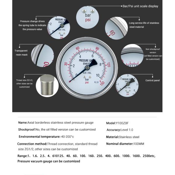 4 Inch 600bar Back Connection Stainless Steel Hydraulic Pressure Gauges Manufactured
