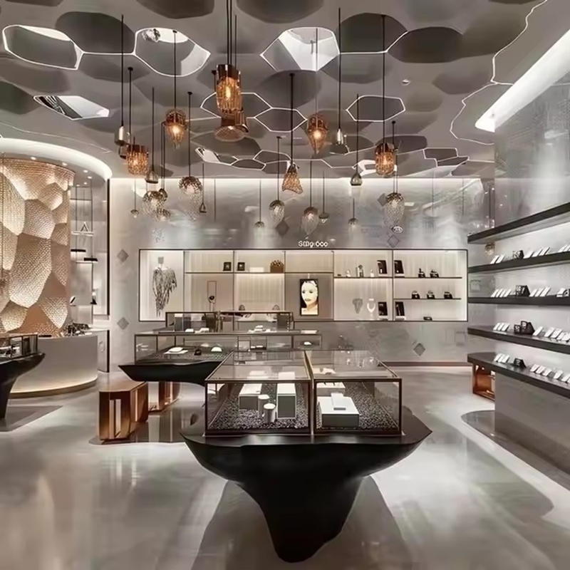 Customizable Wooden Jewelry Display Cabinet with Clear Glass Panels & LED Light