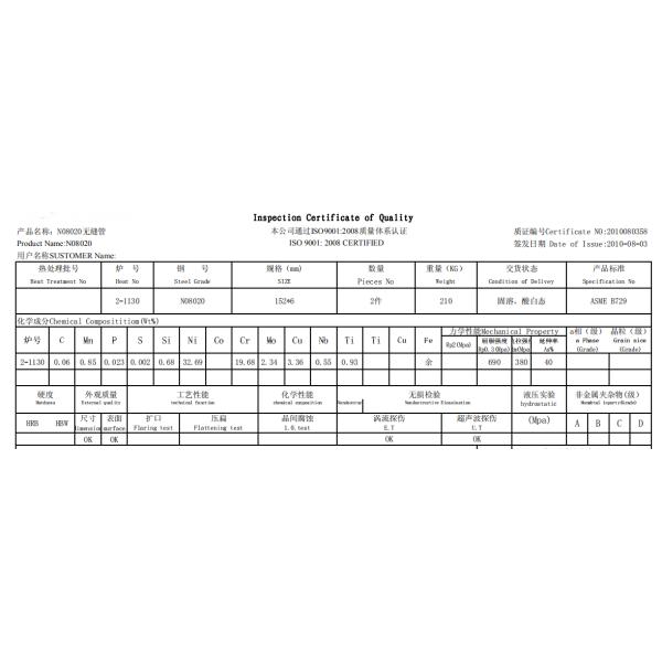 ASTM B464 B468 B729 Nickel Alloy Pipe Alloy 20 Seamless Welded Oil Rusted Surface