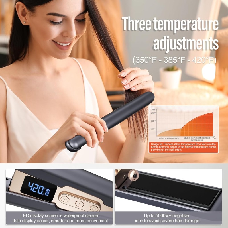 2-in-1 Cordless Hair Straightener & Curler LCD Display Travel Safe Ceramic Plates for Fine to Thick Hair Household Use