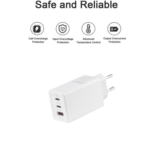 ヨーロッパのGAN Tech 3ポート 65W USB C USB-A QC3.0 ラップトップ用の充電器 ホワイト