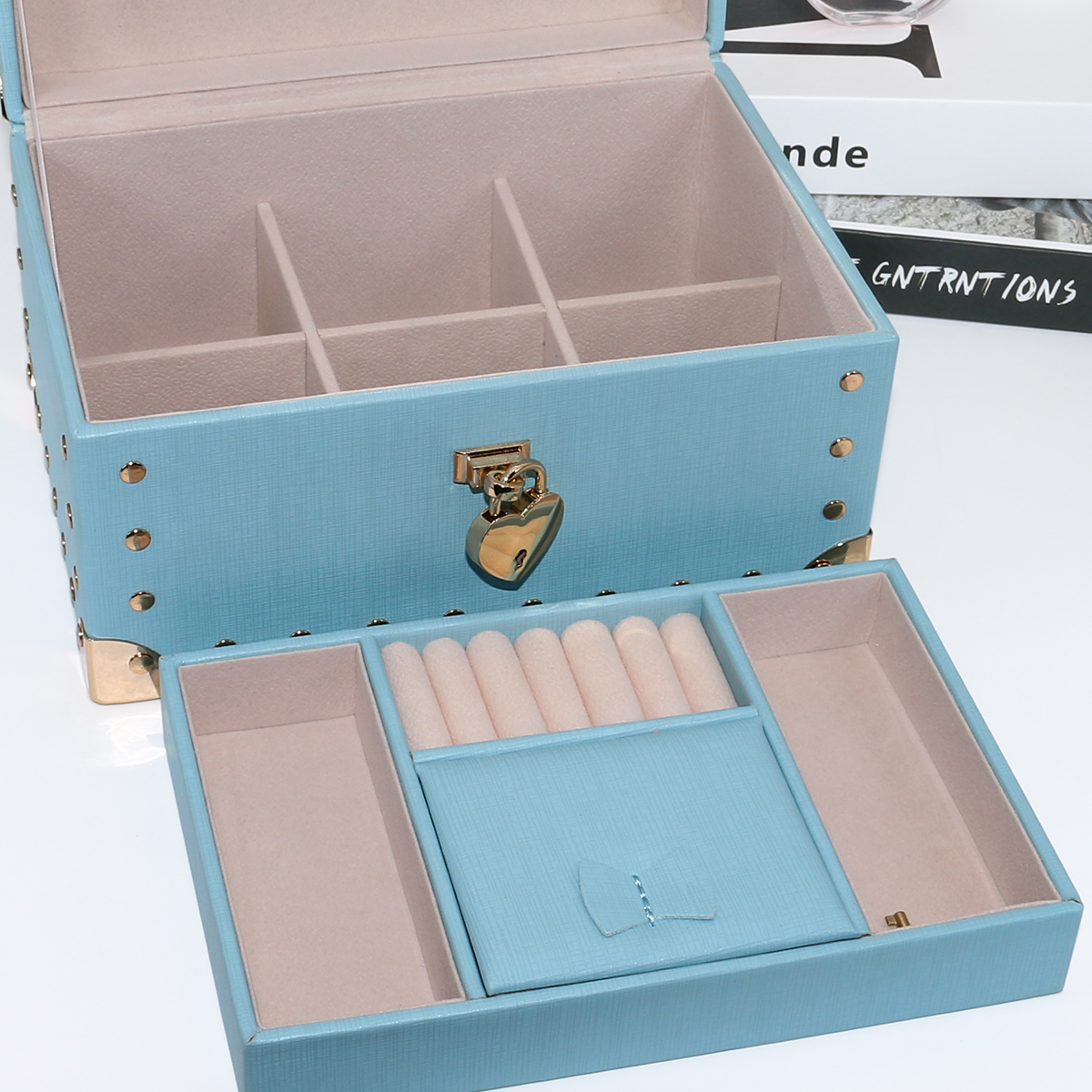 PU Leather Luxury Jewelry Storage Box Pink Blue 225x155x130mm Travel Jewellery Box