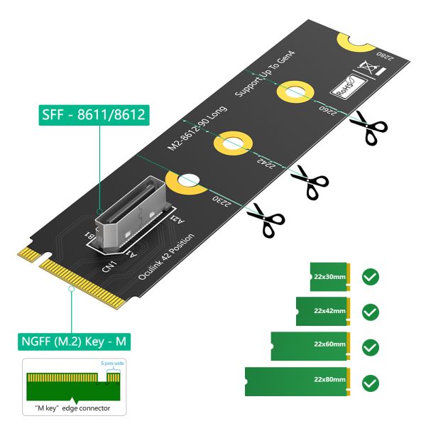 M.2 NVMe PCI-e 4.0 X4 to OcuLink SFF-8612 Adapter with 64Gbps Data Transfer and NVMe 1.2 Support