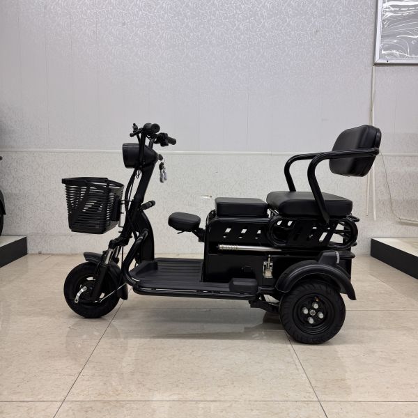 Triciclo eléctrico de pasajeros con batería de litio para 3 asientos, amortiguación doble + asiento infantil plegable