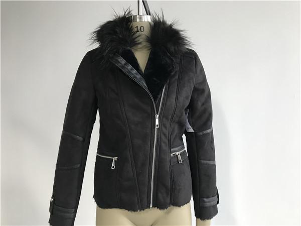 Ladieswear Black Zip Through Suede Bonded Jacket With Fur Collar FAK18CA3695