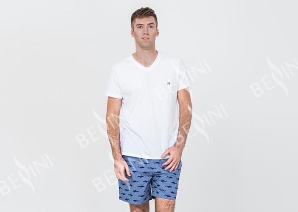 Cotton Jersey Men'S V Neck Pajamas / Mens T Shirt And Shorts Pyjamas With Side Pockets