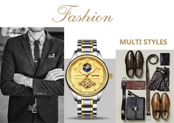 Brand KINYUED automatic skeleton watch gold dial moon phase tourbillon mens automatic watch