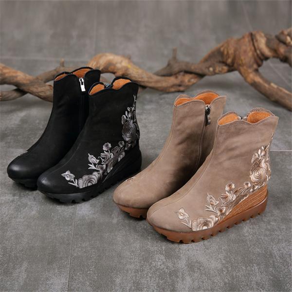 S028 New autumn and winter embroidered leather women's mid-boots wedge round toe waterproof platform flower embroidery