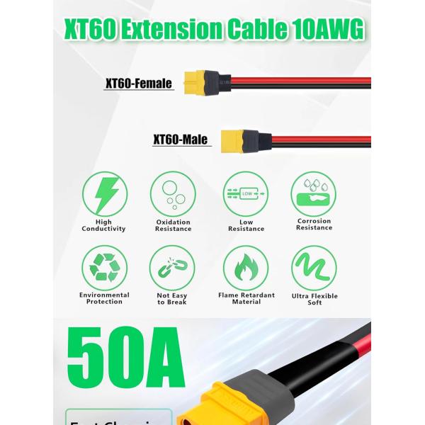 10AWG 12AWG Male to Female XT60 XT60H Connector Extension Adapter Cable for RC Battery Power Station Solar Panel