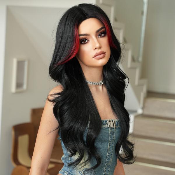 Fashion Long Body Wave Hair Black/Red Synthetic Wigs For Women