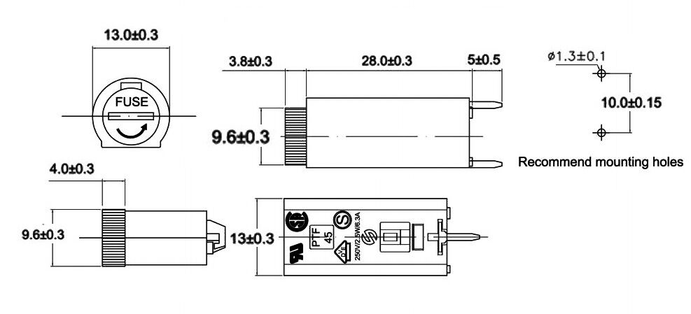 Стриктура вертикали патрона предохранителя 6.3A 250V 5x20mm держателя PTF-45 панели