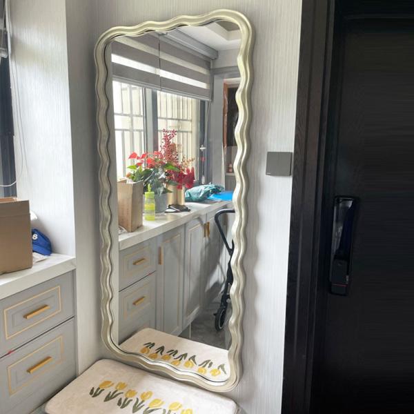 Wavy Beveled Floor Mirror Wood Frame 600mm For Modern Bedroom Decoration