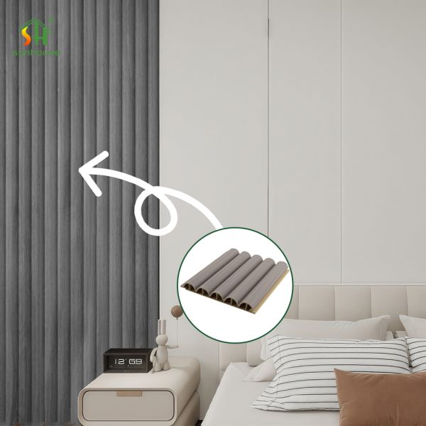 Grey Wood Grain Modern 3D Semi-Circular Hollow Core WPC Wall Panel Grille for Interior Commercial Wall Cladding