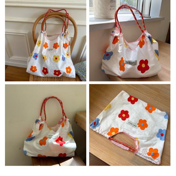 Polyester Lining Ins Large Capacity Floral Beach Canvas Bag for Eco-Friendly Shopping