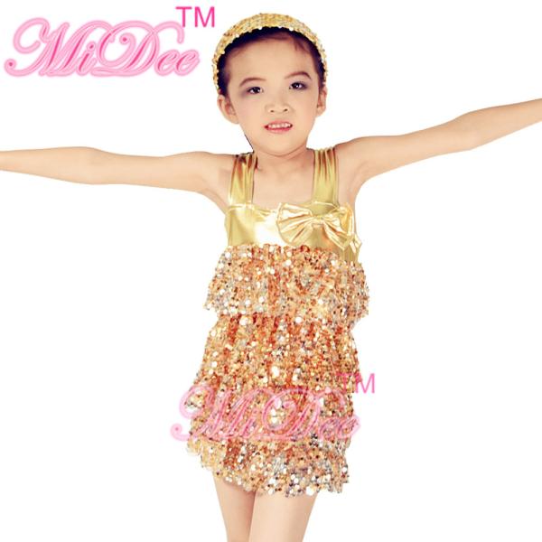 Metalic Edged Kids Dance Outfits Tiered Full Sequin Dress Shorts Including