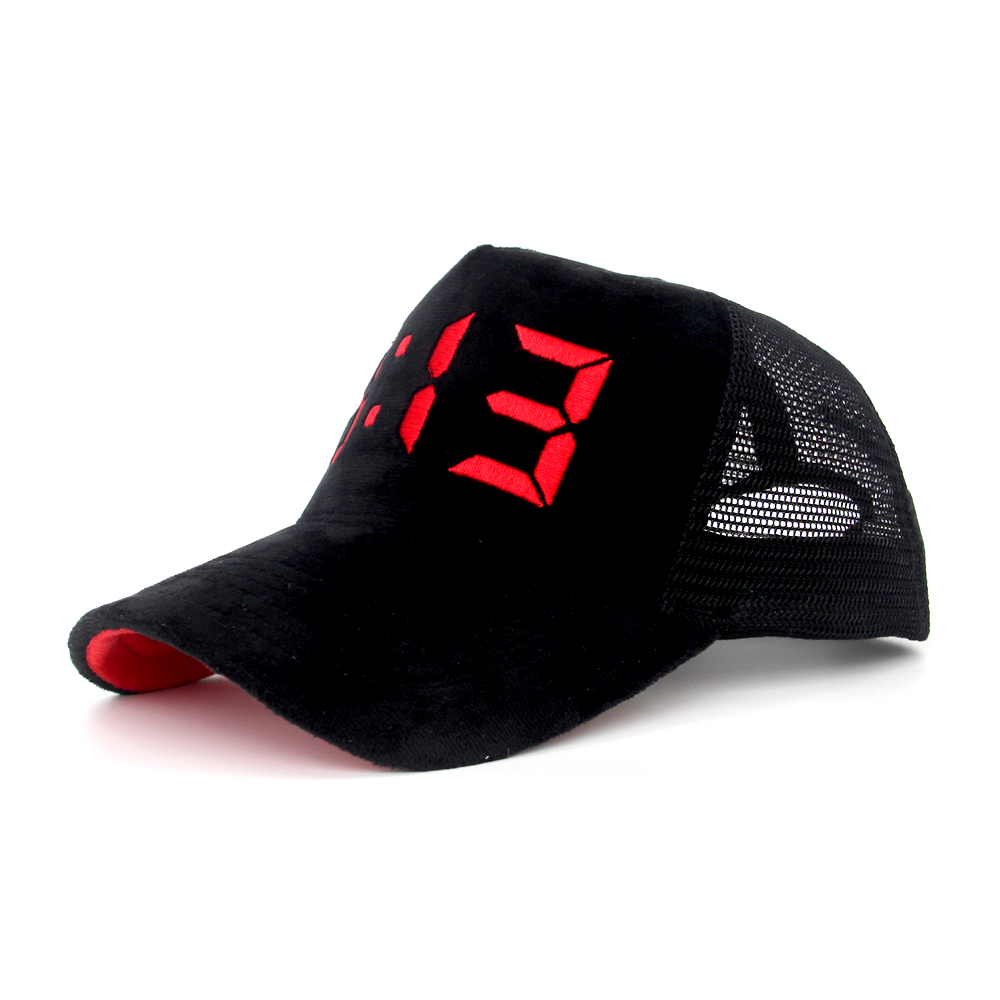 Embroidery Logo 5 Panel Black Mesh Hats Custom Velvet Trucker Cap