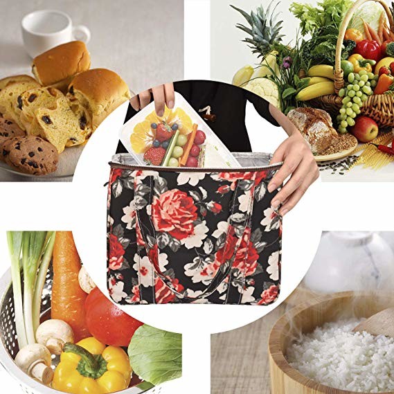 Thermal Insulated Cooler Tote Bags Wide Open Snacks Organizer Flower Printed