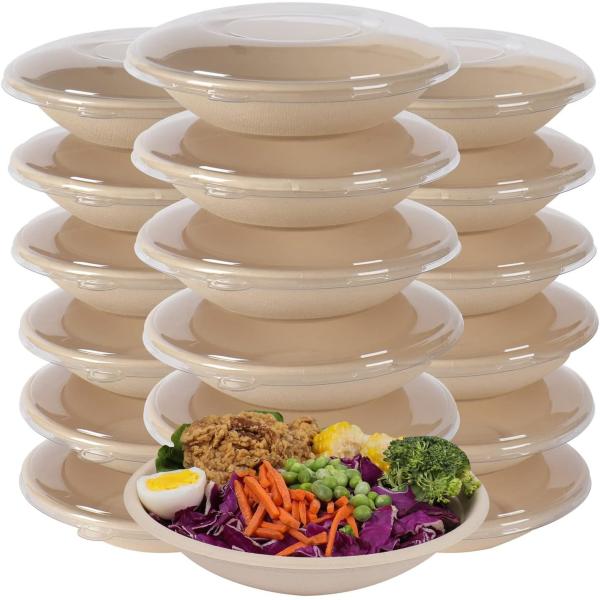 24OZ Round Disposable Bowls With PET Lids, Bamboo Fiber Paper Bowls  Take Away Food Containers Eco-Friendly Plant