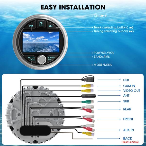 GRANDnavi Waterproof Bluetooth USB Marine Stereo AM FM Boat Stereo System Head Unit