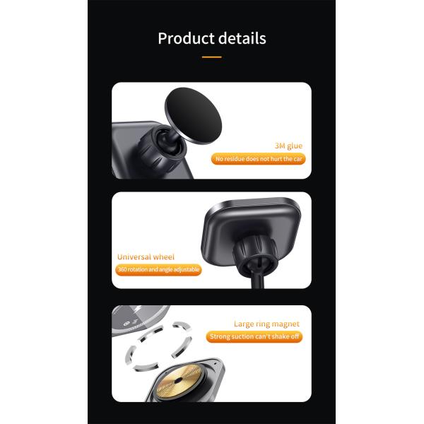 Magnetic Charging Mobile Phone Car Holder 15w Wireless Car Charger Mount Auto-sensing Car Phone Holder