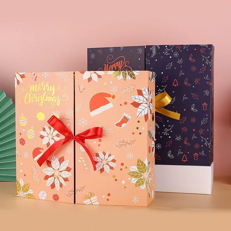 Double Door Christmas Advent Calendar Box Ribbon Tie Rigid Gift Packaging