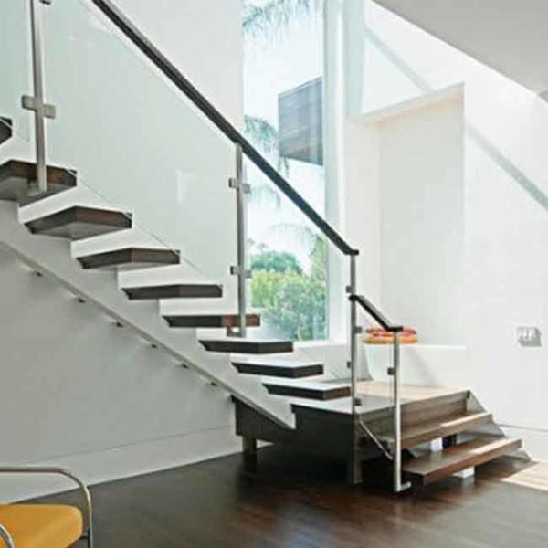 American Standard Stair Single Mono Steel Beam Steel Glass Railing Wood Step Stair