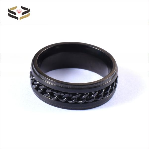Gear Step Edge Black Titanium Rings Stainless Steel Chain Braided Inlay 8mm