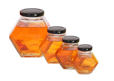 250ml-750ml Glass Honey Jars With Lids , Hexagon Glass Jars Clear Color
