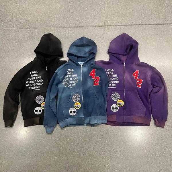 Custom Rhinestone Hoodie Men'S Chenille Patch Embroidery Acid Wash Sun Faded 100% Cotton