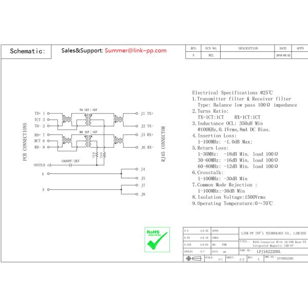 SD-48025-007 Magnetic RJ45 Jack LPJ1035AHNL 10 / 100M 25.4mm Shiled With LEDs