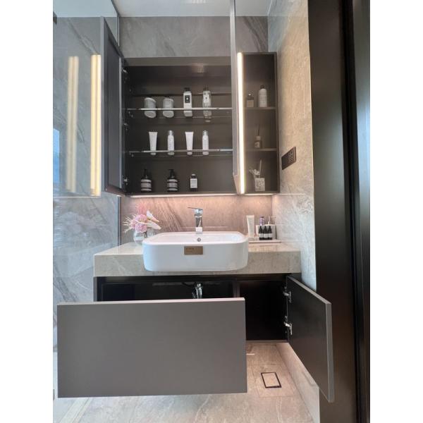 Elegante moderno minimalista elegante chic refinado de acero inoxidable baño de la vanidad con luz de mármol encimera