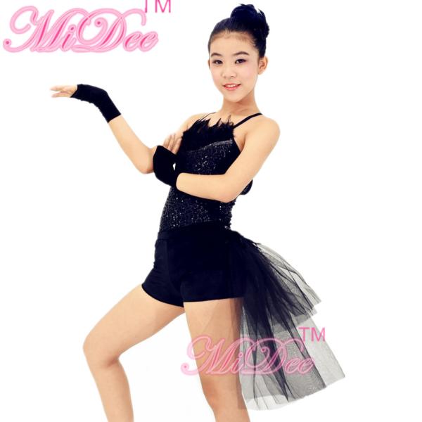 Black Swan Feather Neckline Jazz Dance Outfits With Back Side Suttle Velvet Shorts