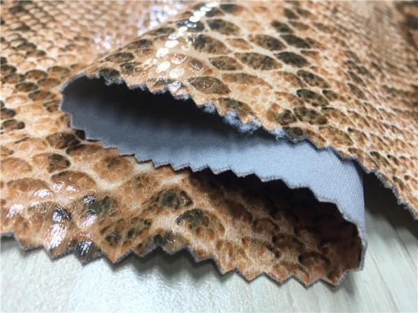 0.6mm Scuba Suede Printed Leather Fabric With Snake Skin Design Plus Lamination Effect