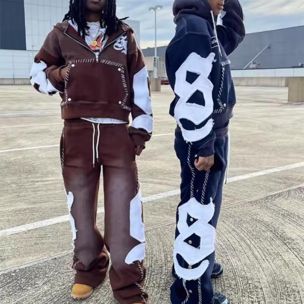 Custom Reverse Embroidery Logo Streetwear Pullover Vintage Half Zipper Acid Wash Distressed Flared Sweatpants Hoodie Set