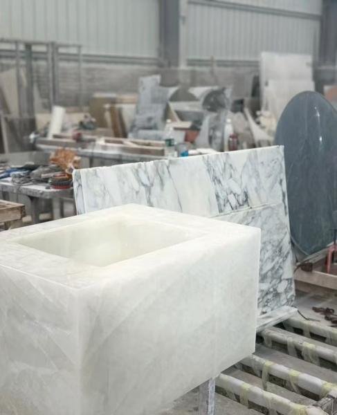Blanco Cristallo Stone Bathroom Sink Glacier Veined Stone Sink Basin Durable For Luxury Hotel