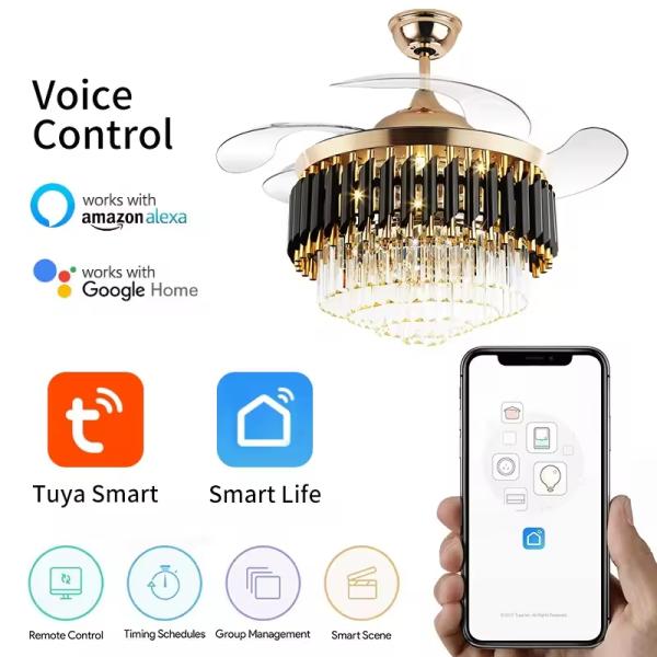 Luz de techo y ventilador de araña inteligente, dormitorio de lujo, araña de cristal de techo, ventilador de techo LED con luz, ventilador de techo LED de lujo con luz