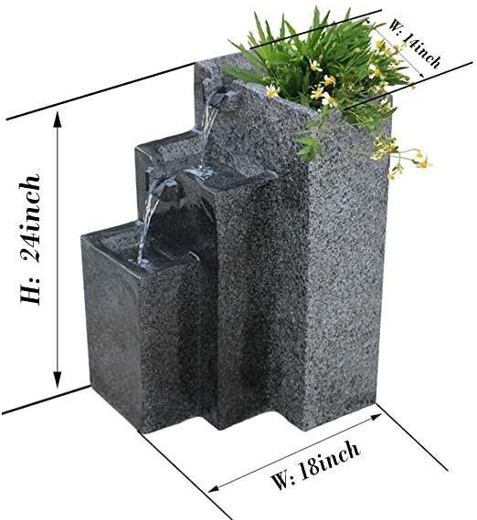 Rock Cast Stone Water Fountain with LED Lights Three Tier  with Low Splash Design for Garden/Patio/Balcony