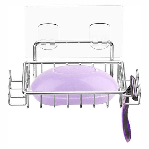 No Drilling Stainless Steel Adhesive Soap Dish Soap Holder for Shower Wall with 4 Hooks