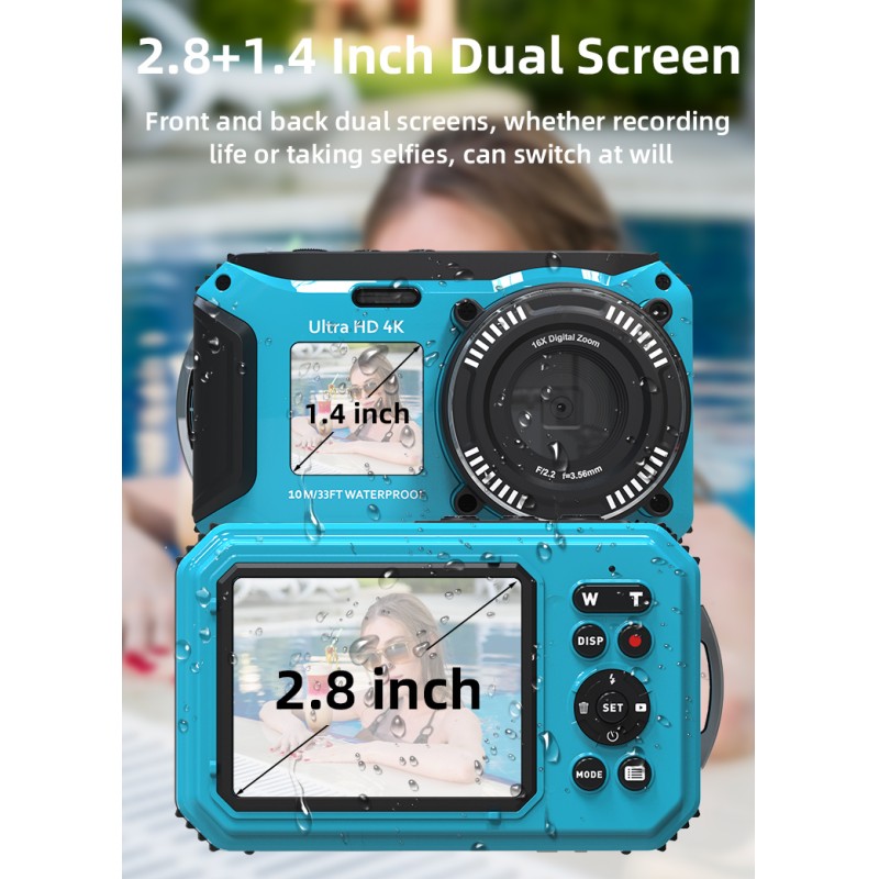 Vintage 4K 56MP 16X Zoom Dual Screen Waterproof Digital Camera With Anti Shake  LED Light and Auto Focus for Swimming and Diving
