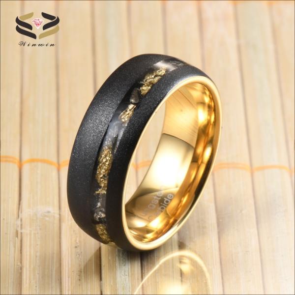 Men Crushed Meteorite Tungsten Ring Sandblasted Gold And Black Gold Foil 8mm