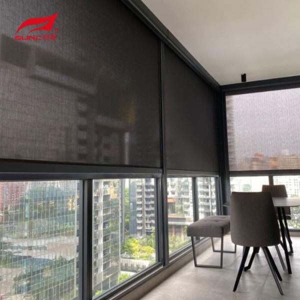 Black Motorized Outdoor Roller Blinds Sun Shade Patio Waterproof Pvc Zip Screen Blinds