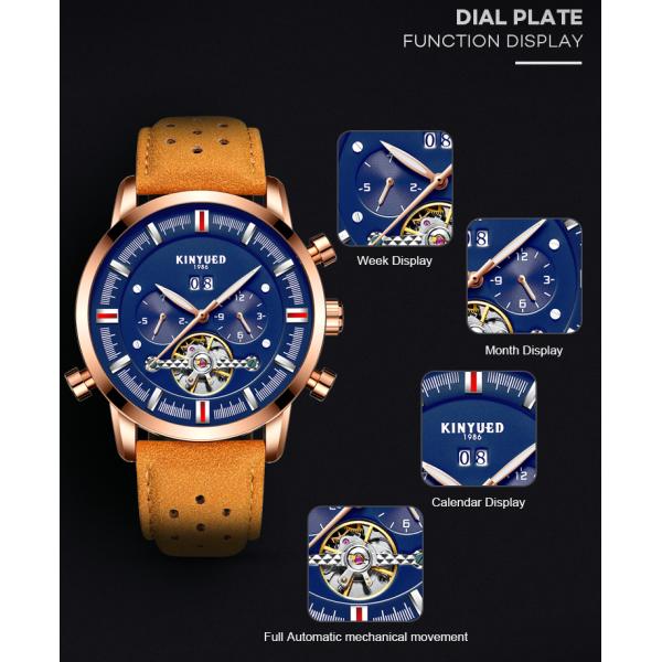 KINYUED J019-3  Private Label Gold Case Genuine Leather Auto Date Skeleton Tourbillon Automatic Mechanical Wristwatches