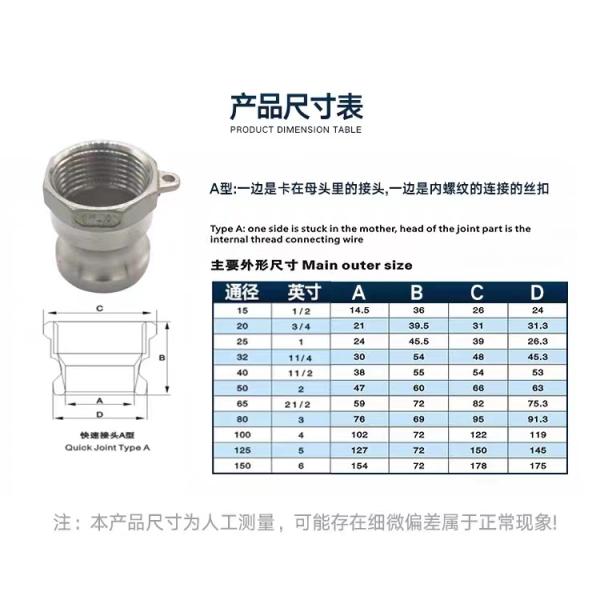 Equal WZ SS 304 316 A Type Silver Camlock Coupling Adaptor for NPT BSP Quick Connect