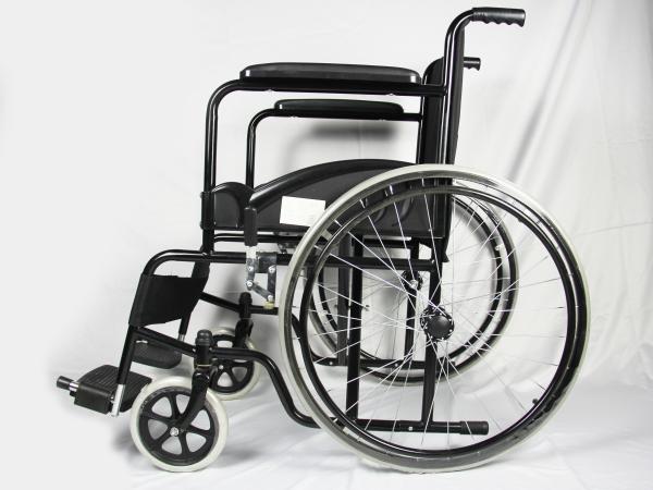 Low Price Basis Black Coating Steel Frame Folding Steel Wheelchair With Solid Wheel Fixed Armrest And Footrest