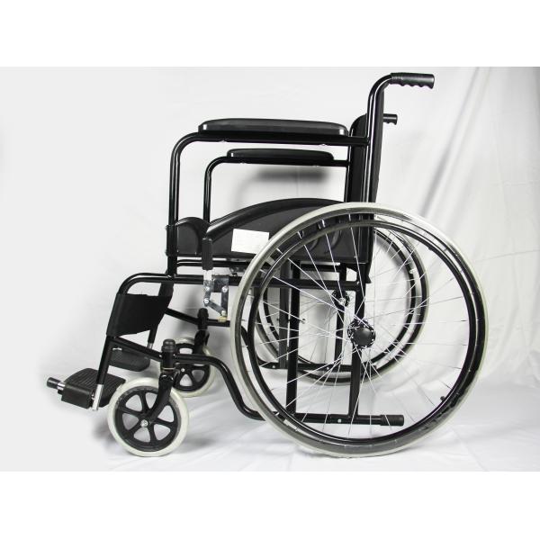 Low Price Basis Black Coating Steel Frame Folding Steel Wheelchair With Solid Wheel Fixed Armrest And Footrest