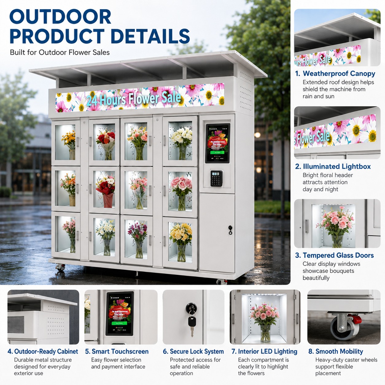 24H Refrigerated Fresh Flower Vending Machine with Double Glass Door and 15.6-inch Touch Screen