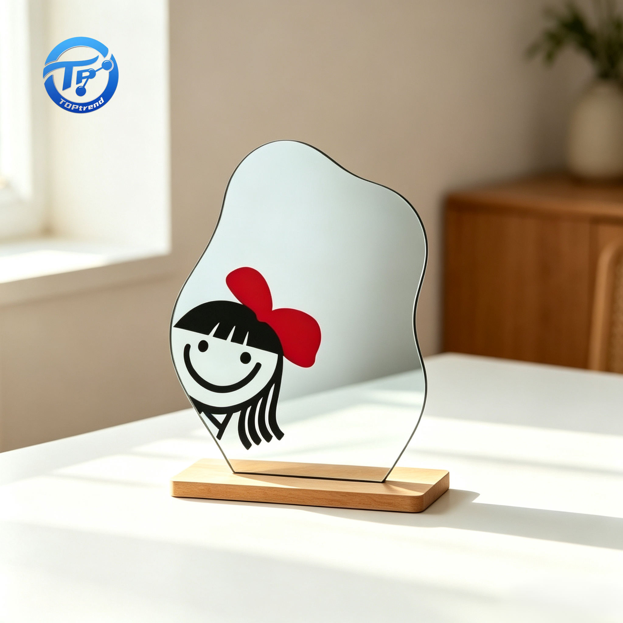 Irregular UV Printed Acrylic Mirror Stand With Plywood Base Reative Desktop Decor