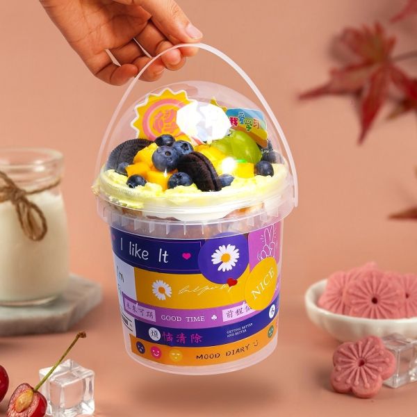 500ml 750ml 1L Clear Customized Plastic Bucket Food Grade Bucket With Hemispherical Dome Cover and Handle for Popcorn Cream Cake