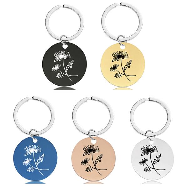 Stainless KeyKey chain pendant Month flower birthday holiday gift engraved metal key chain logo words