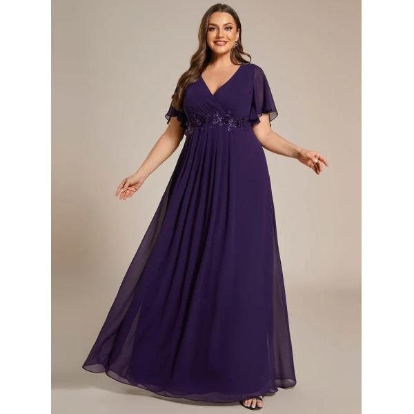 Empire Plus Size Applique Short Sleeve A-line V-neck Flutter Sleeves Invisible Zipper Black Chiffon Evening Dress